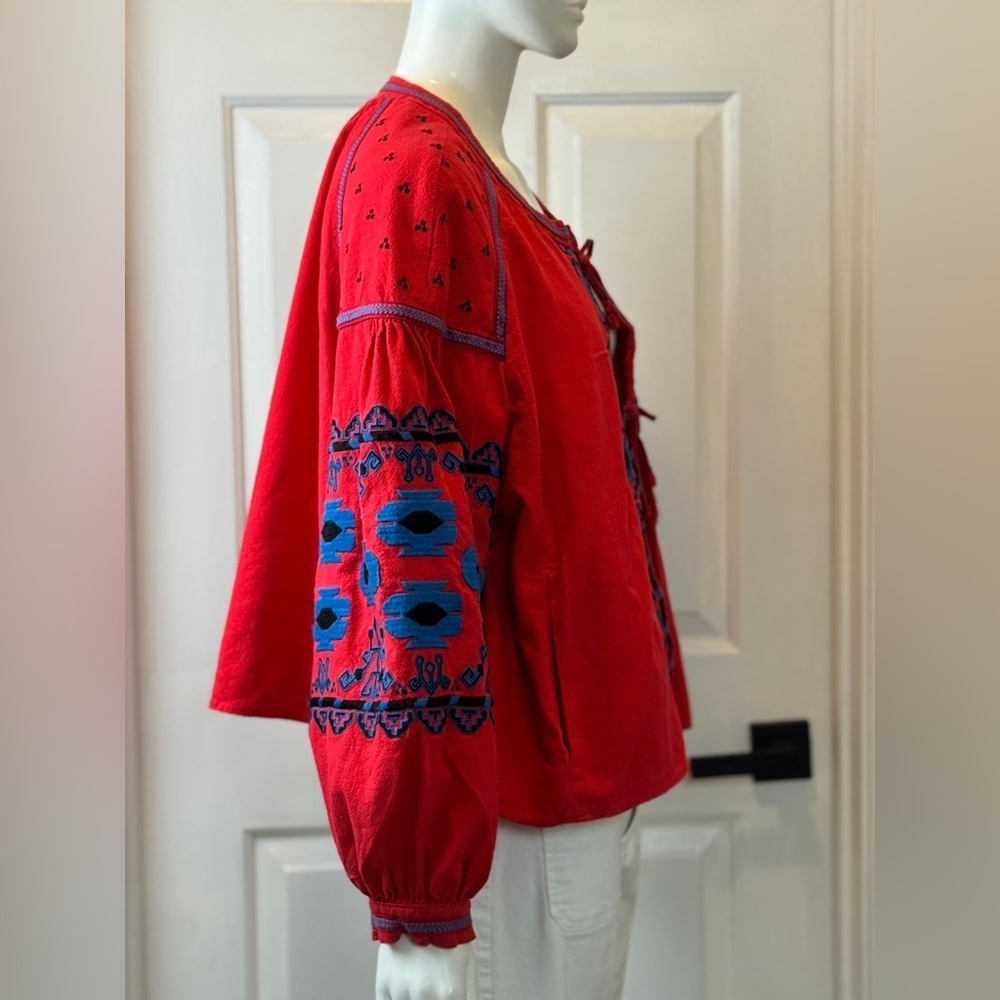 Free People Linen/Cotton Blend Vibrant Red Bohemian Jacket Blue Floral Accents L - Picture 5 of 15